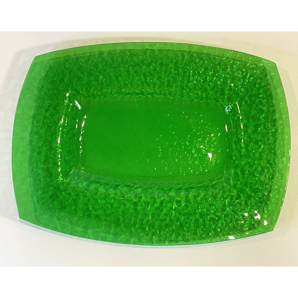 Green Platter Recycled Glass Pebble Art Smooth Textured 12x9 Translucent Dish